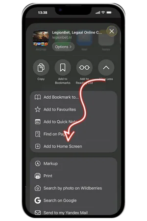 Adding Legionbet app shortcut to iPhone home screen