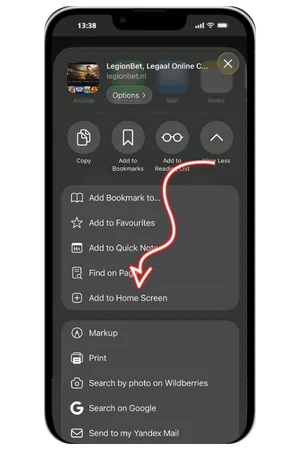 Selecting Add to Home Screen for Legionbet app