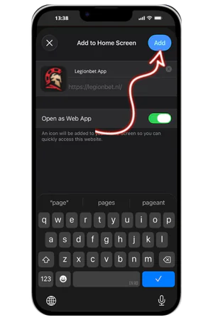 Confirming Legionbet app name before adding shortcut